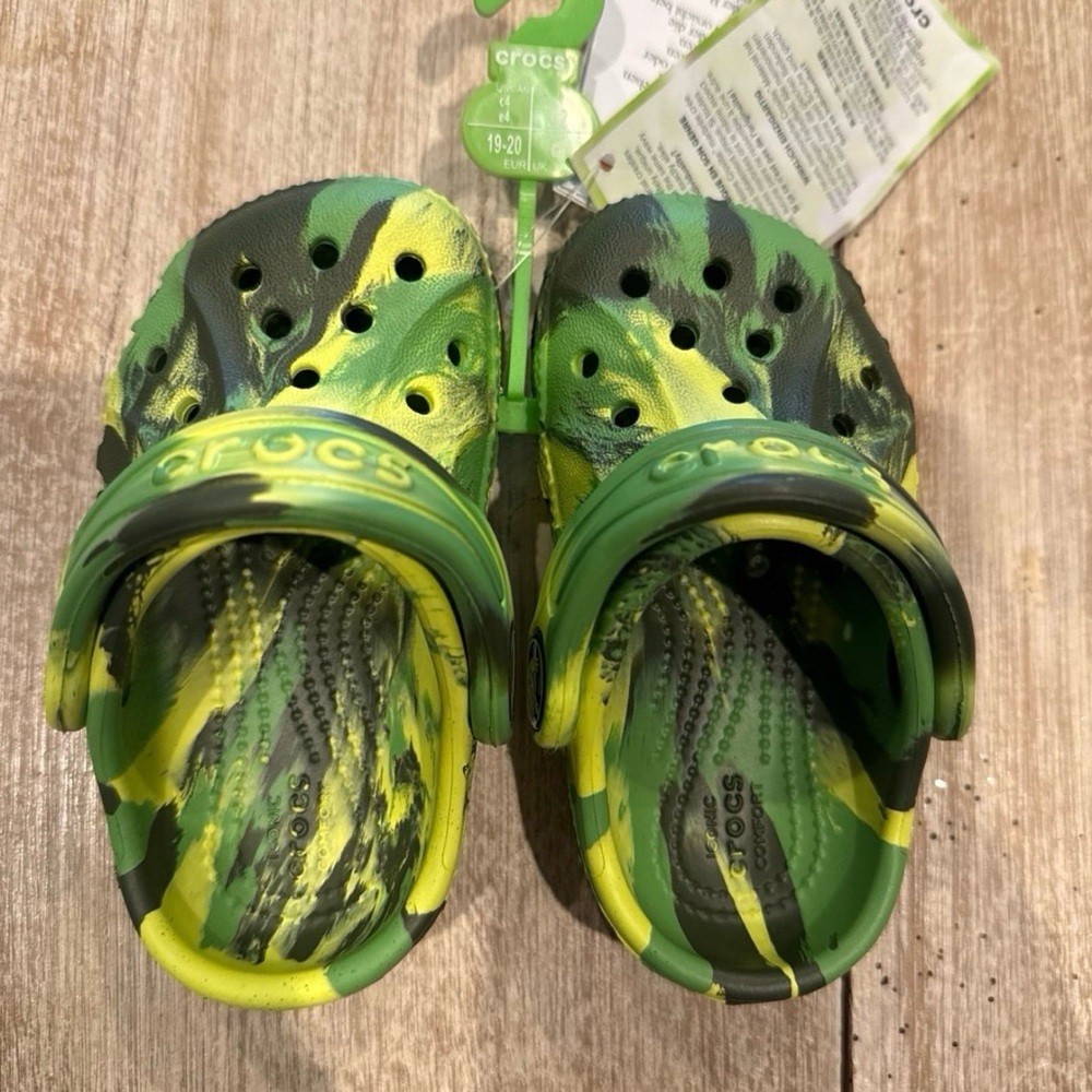 CROCS Kids Camouflage-Style Green and Yellow Classic Clogs